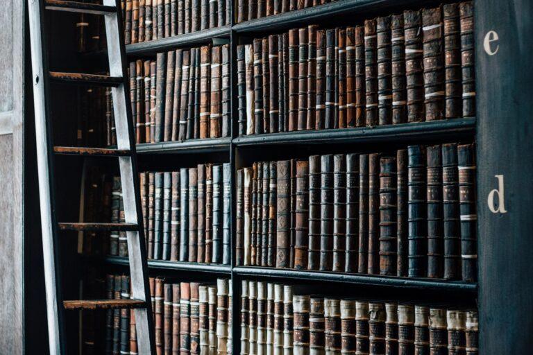 a full bookshelf of old books.